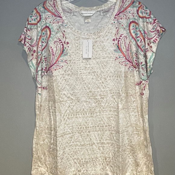 Christopher & Banks Womens Shirt Large Beige Crew Neck Short Sleeve Stretch - Picture 1 of 8